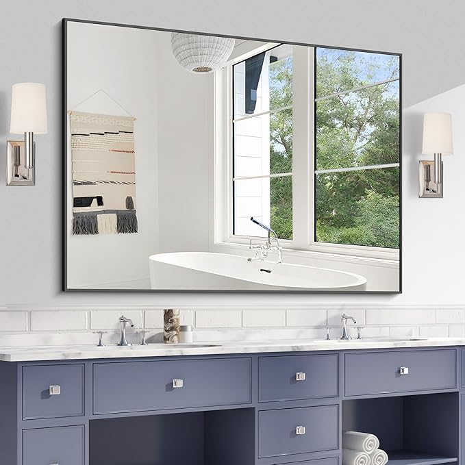KOCUUY Bathroom Mirror Black, 48x36 Inch Rectangle Wall Mirror with Metal Frame, Black Vanity Mirror Modern Home Decor for Bathroom, Living Room, Farmhouse, Entryway, Hang Horizontal/Vertical