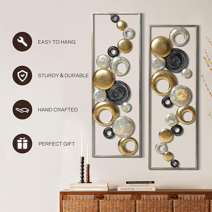 LuxenHome Metal Wall Art, 2 Pieces 36" Modern Multi-Color Abstract Metal Wall Decor, Wall Decor Living Room with Frame, Wall Hanging Sculptures Suit for Home, Bedroom, Dining Room Décor