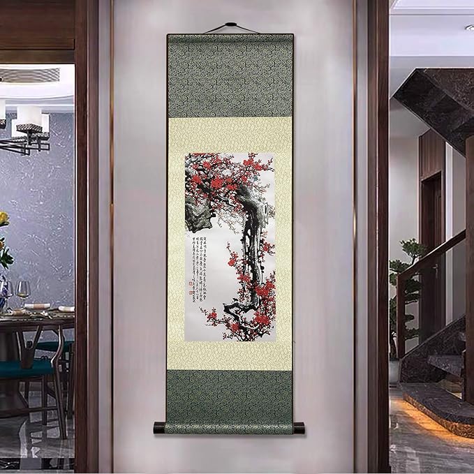 AtfArt Asian Wall Decor Beautiful Silk Scroll Painting Flowers - Proud Plum - Iron Heart Oriental Decor Chinese Art Wall Scroll Wall Hanging Painting Scroll (36.2 x 12 in)