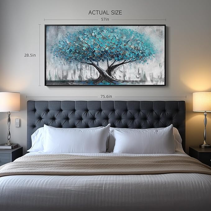 Large Framed Tree of Life Wall Art, Modern Canvas Prints Paintings Artwork for Walls, Rustic Blue Big Tree Pictures for Living Room Fireplace Bedroom Dining Room Office Wall Decor 30x60 Inch