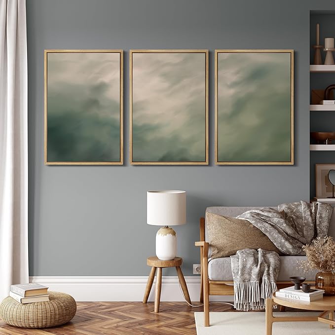 MUDECOR Framed Wall Art Print Set Soft Green Cloudscape Tranquil Abstract Nature Illustrations Modern Art Boho Decorative Colorful Chic for Living Room, Bedroom, Office - 24"x36"x3 Natural