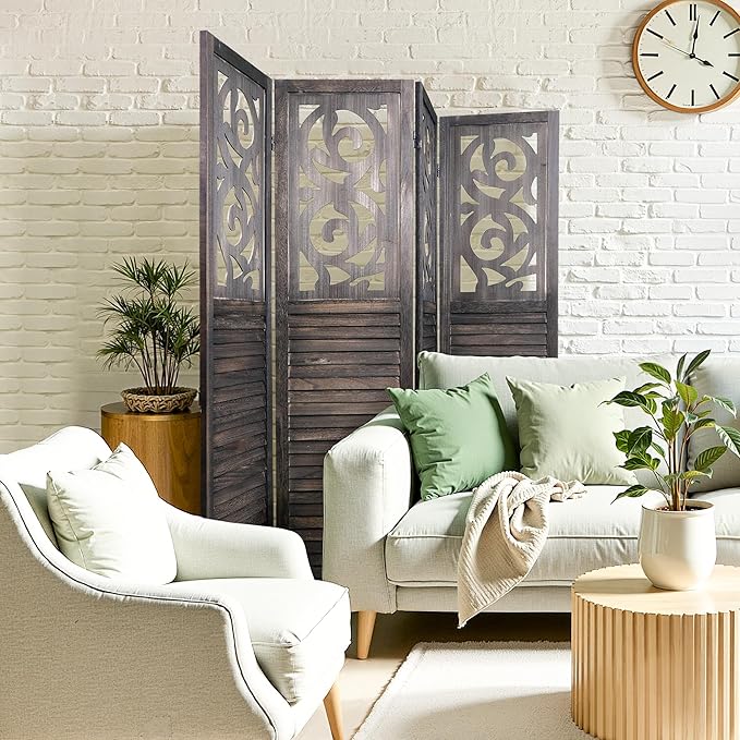 2 PCS Room Dividers 4 Panel Room Divider 5.6FT Wood Carved Room Dividers, Folding Privacy Screens Portable Freestanding Partition Wall Dividers for Bedroom, Office, Rustic Brown