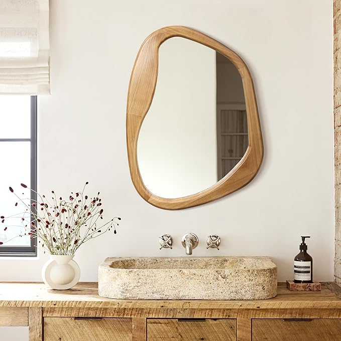 LuxenHome Irregular Oblong Wall Mirror,Accent with Natural Wood Frame,Rustic Bathroom Mirror,Vanity Makeup Mirror, Wall Mounted Mirror for Living Room,Entryway,Bedroom,Decorative Mirror