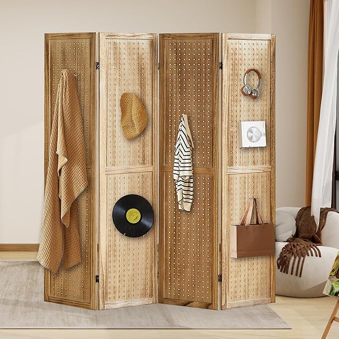 4 Panel Pegboard Display with 16 Hooks, Wooden Room Divider Wall and Folding Privacy Screens, Partition Room dividers, Pegboard Room Divider, Jewelry Store, Bedroom, Balcony, Light Brown