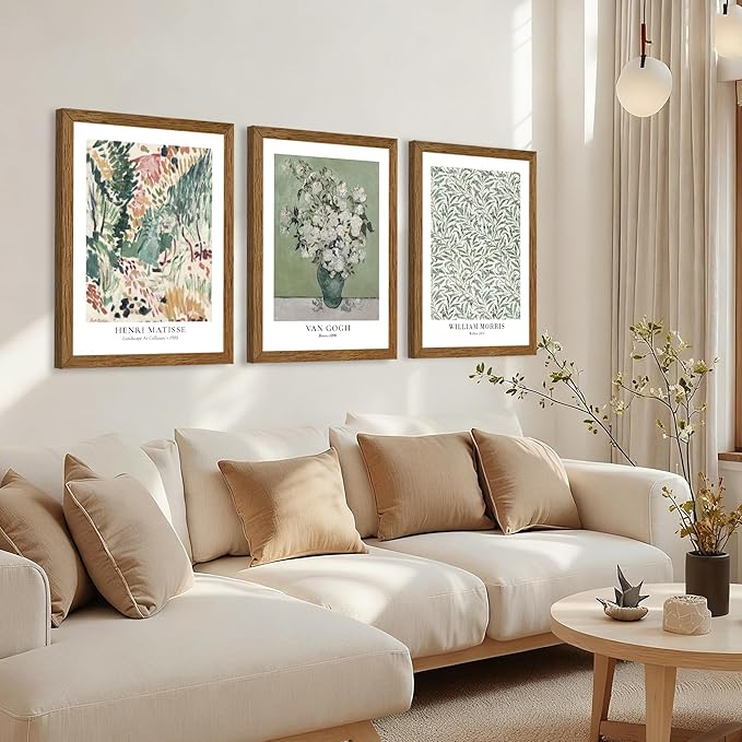 JLTULT 3 Piece Vintage Sage Green Canvas Wall Art, Monet Van Gogh Matisse Wall Decor, Botanical Painting Artwork Prints for Living Room Bedroom Home Office 16X24 inch Wood Framed Easy to Hang