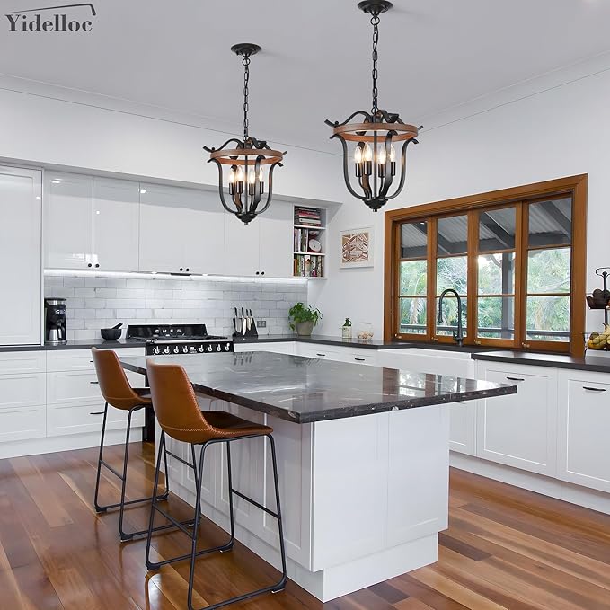 Black Farmhouse Chandelier 4 Lights, Vintage Cage Chandeliers E12 Base Ceiling Light Fixtures Semi Flush Mount Lantern Pendant Light for Dining Room Entryway Hallway Foyer Kitchen