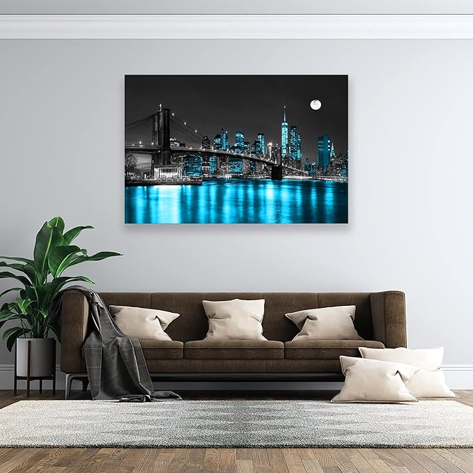 Aibonnly Wall Art Canvas Painting Black White and Blue New York Brooklyn Bridge 1 Piece Cityscape Night Building Picture Poster Print Framed for Living Room Bedroom Kitchen Office Home Decor