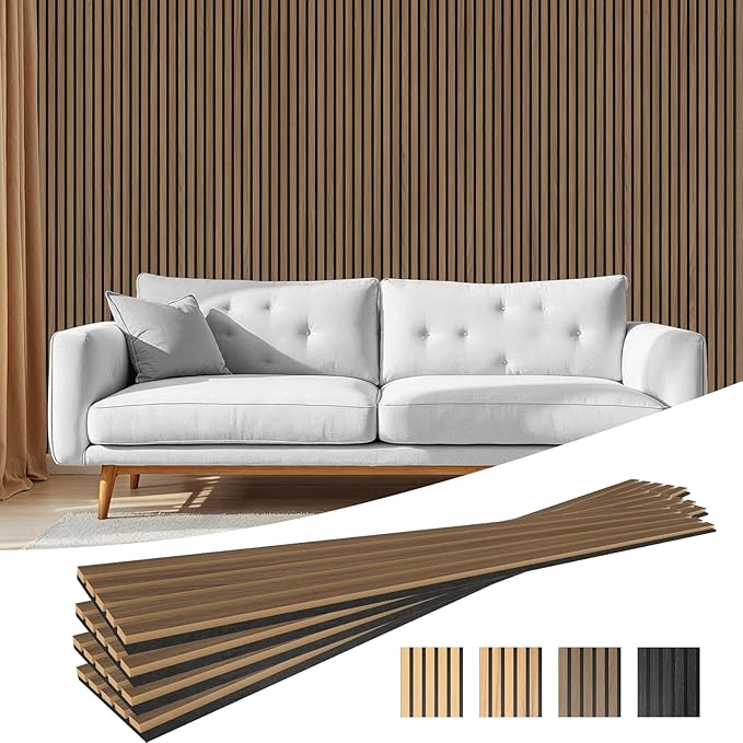 4-Piece Acoustic Wood Wall Panels for Wall and Ceiling, 3D Fluted Soundproof Wood Slat Wall Panels for Interior Wall Decor, 94.5" x 7.9"-Walnut