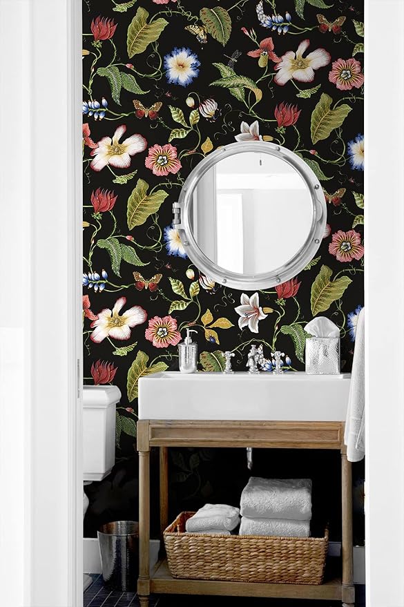 NextWall Summer Garden Floral Peel and Stick Wallpaper (Jet Black)
