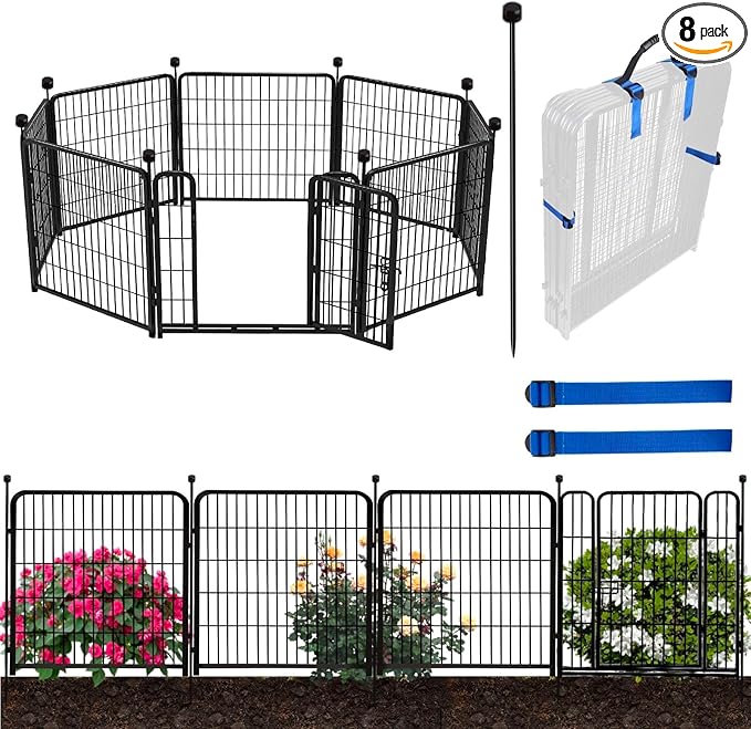 ADAVIN Garden Fence Panels, 36 Inch High, Black, Modern Style, 8 Panels Total 17.7 Ft(L) Tall, Low Threshold Door, Anti-Dig Fence Barrier