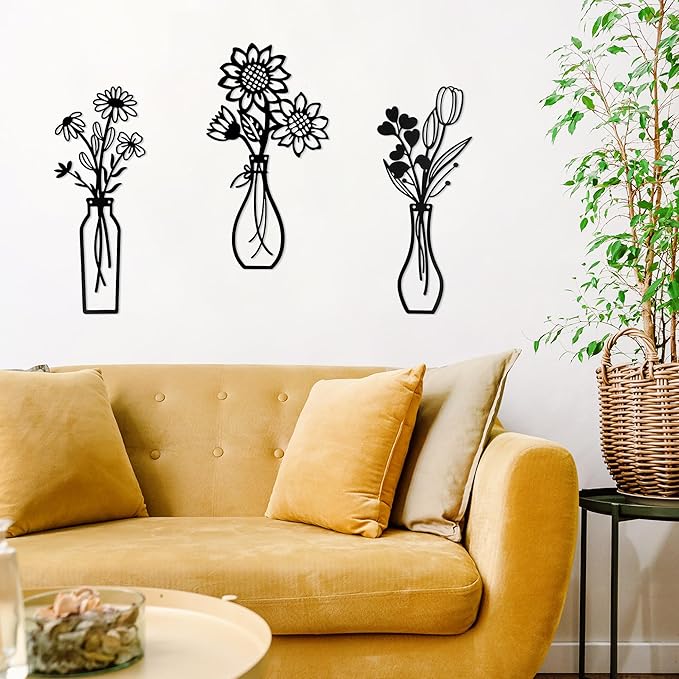 Mcdagogn 3 Pieces Metal Flowers Wall Arts - Rustic Farmhouse Wall Decor, Minimalist Black and White Wall Decor for Living room Bathroom Bedroom Dining Room Kitchen Office - Housewarming Gifts