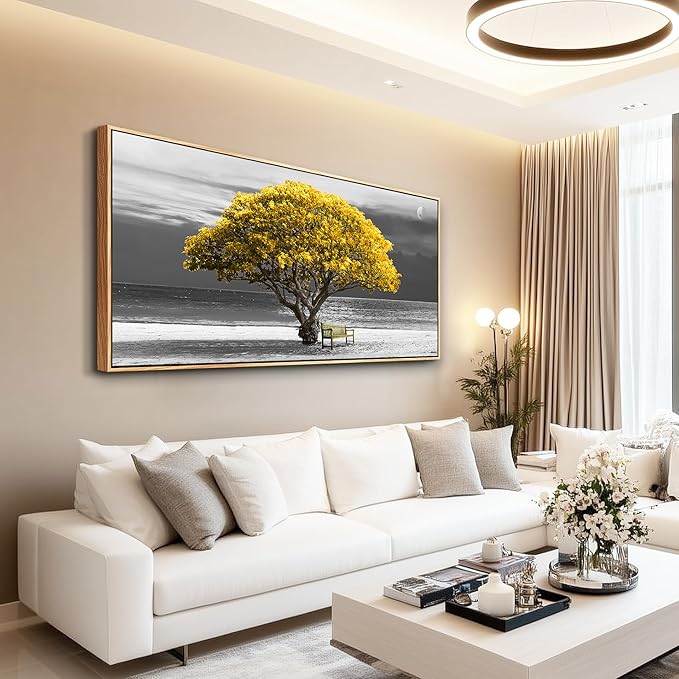 MHARTK66 Wood Framed Wall Decor For Living Room Large Canvas Wall Art For Office Bedroom Decoration Art Black And White Scenery Wall Painting Yellow Trees View Picture Hotel Room Home Artwork