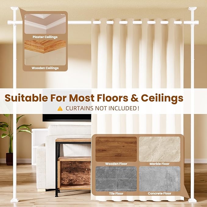 Bonpally Room Divider Curtain Rod, No Drilling Room Separator for Space Partition, 4-10ft (H) 28-70 inch(W) Adjustable Heavy Duty Temporary Wall Divider Floor to Ceiling Tension Rod, White