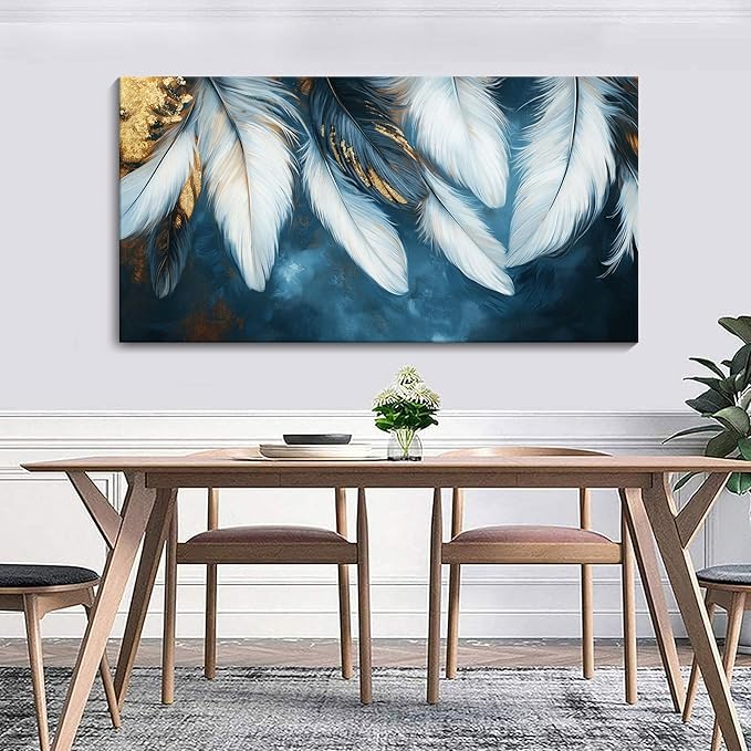 Mofutinpo Blue and Gold Wall Art Navy Blue Decor for Living Room Feather Canvas Art Wall Decor, Blue Bedroom Wall Decor Above Bed Pictures Wall Painting - Artwork for Walls 24×48IN