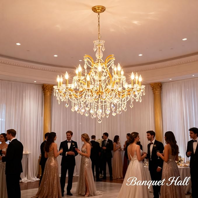 Antique Gold Crystal Chandeliers, Polished Golden Bronze Farmhouse Chandeliers 18-Light Crystal Candle Chandelier Ceiling Hanging Light Fixture Entrance Foyer Kitchen