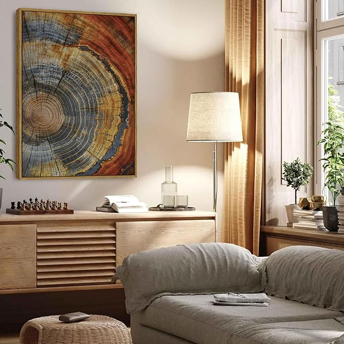 BingruiArt Large Framed Tree Ring Canvas Wall Art Red and Gold Abstract Wood Wall Decor Boho Modern Colorful Nature Prints Pictures for Living Room Bedroom Bathroom 24"x36" Natural Framed(03)
