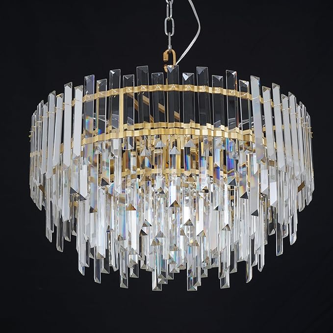 24" Modern Crystal Chandelier, 3-Tier Gold Pendant Light with 8 Lights, Luxury K9 Crystal Ceiling Fixture for Dining Room Living Room Foyer