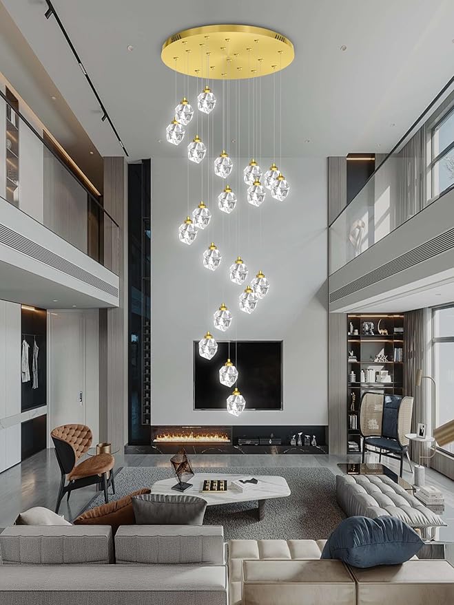 Large High Ceilings Chandeliers Modern Long Crystal Spiral Chandeliers,K9 Crystal Drop Chandelier for Staircase Foyer Entryway 20 Lights Gold D28XH135inch
