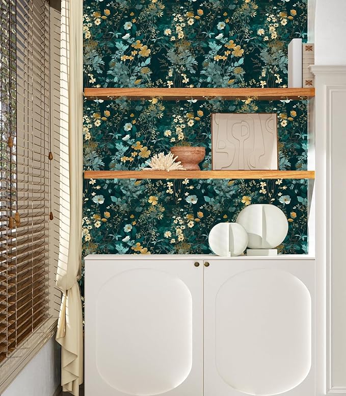 Blue Floral Peel and Stick Wallpaper Boho Leaf Contact Paper Dark Watercolor Removable Self Adhesive Waterproof Wall Paper for Cabinet Drawers Wall Decor Renter Friendly 17.5''x393''