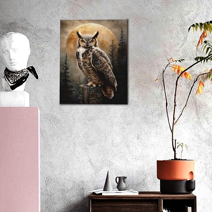 Cabin Owl Wall Art Moon and Forest Canvas Wall Decor Rustic Animal Pictures Paintings Prints Mystical Wildlife Artwork Framed Decorations For Bathroom Bedroom Living Room Office Gifts 16" x 20"