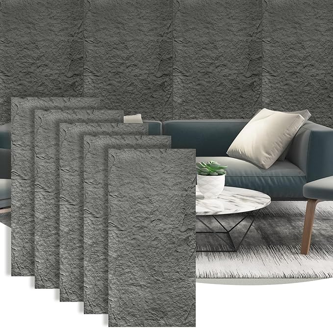 5-Pack 3D Faux Stone Wall Panels, PU Cement-Texture Wainscoting Panels for Interior Walls – Waterproof & Lightweight, Covers 38.7 Sq.Ft, 47.2" x 23.6", for TV Wall, Office, Living Room,Gray
