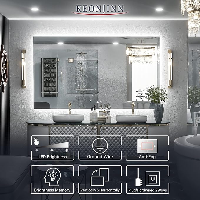 Keonjinn 48 x 28 Inch LED Bathroom Mirror with Backlit, Anti-Fog, CRI90+ HD Dimmable Vanity Mirror, High Lumen, Horizontal/Vertical Wall Mount, UL Listed Lighted Vanity Mirror, Waterproof