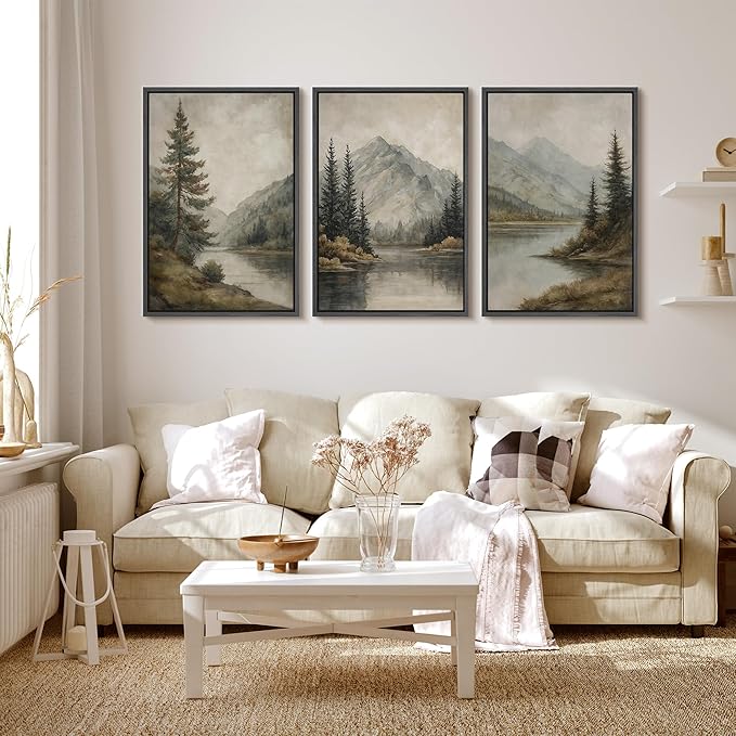 MUDECOR Framed Wall Art Print Set Mountain Landscape Nature with Trees, Lake, and Mountains, Rustic Illustrations Modern Art Decorative Colorful for Living Room, Bedroom, Office - 24"x36"x3 Black