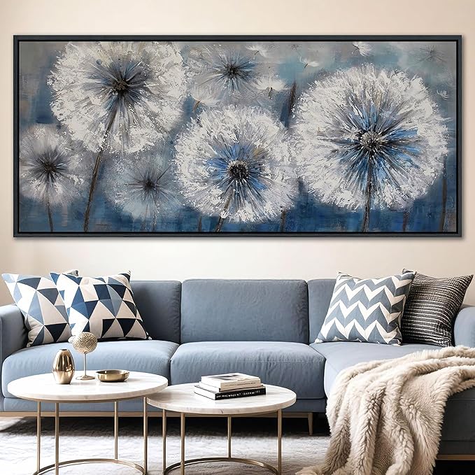 Blue Dandelion Canvas Wall Art Print Picture for Living Room Large White Flower Flora Home Bedroom Decoration Modern Framed Artwork Decor Living Room Pictures Sofa Paintings