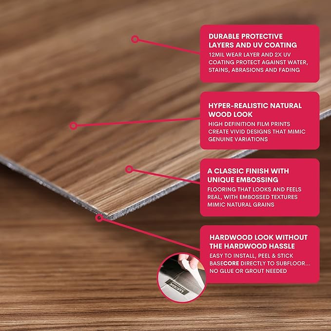 LUCiDA SURFACES Luxury Vinyl Floor Tiles-Peel & Stick Adhesive Flooring for DIY Installation-36 Wood-Look Planks-BaseCore-54 Sq. Feet