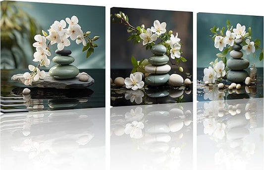 TutuBeer 3 Panels Bathroom Wall Art Zen Artwork Stone Wall Art Still Life Spa Stone with White Flowers Pictures Print on Canvas for Home Decor Wall Decor Stretched and Framed 14x14inchx3