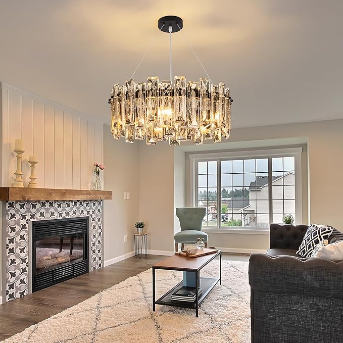 Modern Luxury K9 Crystal Chandelier 5-Lights Round Pendant Light Easy Install Ceiling Hanging Light Fixture for Dining Living Room Kitchen Island Entryway Foyer D15.8 Black