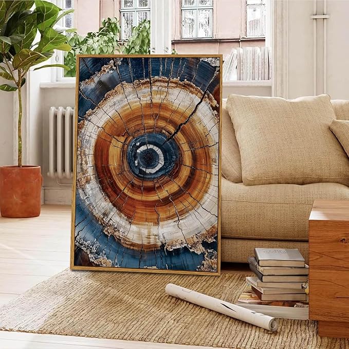 BingruiArt Large Framed Tree Ring Wall Art Wood Canvas Colorful Boho Wall Decor Rustic Artwork Abstract Painting Farmhouse Picture Nature Print for Living Room Bedroom Bathroom 24"x36" Natural Framed(05)