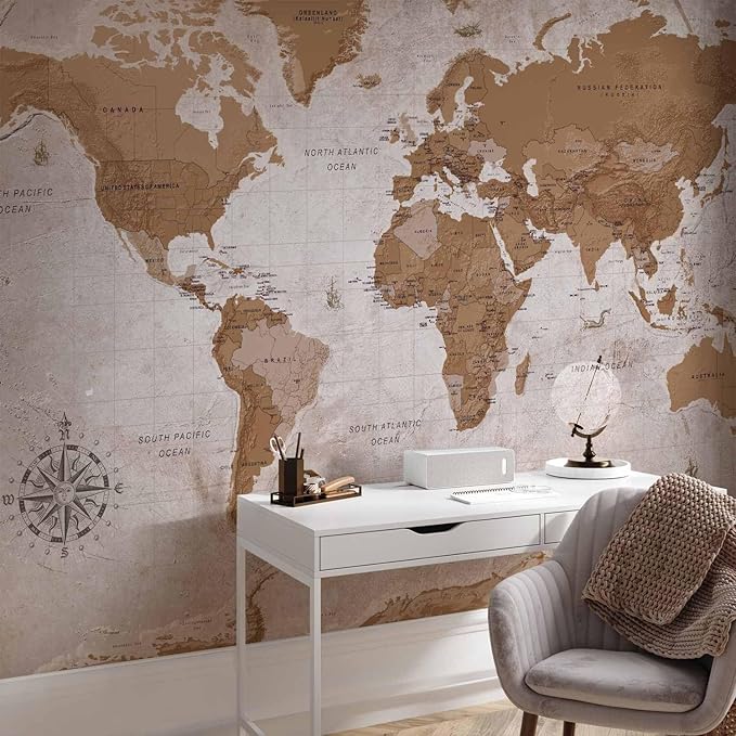artgeist Premium Wall Mural World Map 138x101 in - XXL Non-Woven Wallpaper Fleece Wall Decor Photo Print Picture Image Design Home Map of The World k-A-0108-a-a