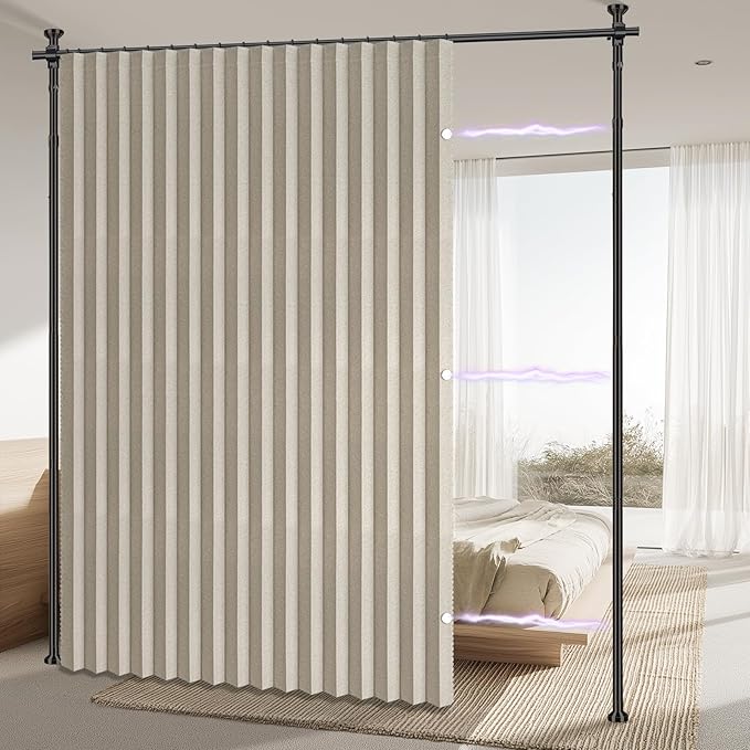 AJAZZ Room Divider Curtain (Cream White, W100 x L96 in,1 Panel)+ Curtain Rods No Drilling Adjustable Tension (H) 43-120×(W) 35-100 in, Heavy Duty Wall Divider for Apartment/Dorm