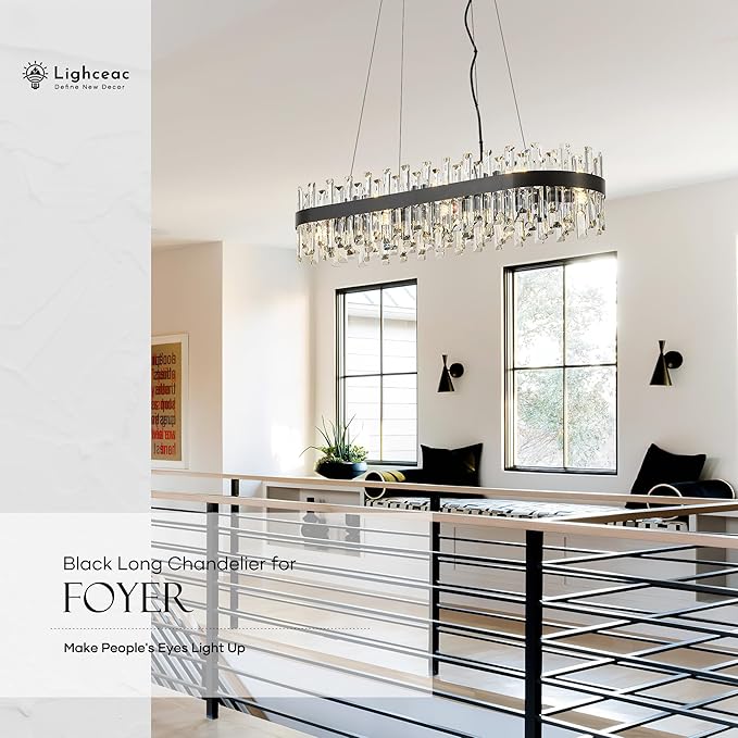 39" Modern Black Rectangle Crystal Chandelier Light Fixtures for Kitchen Island Luxury Linear Crystal Chandeliers for Dining Room 16-Light Long Hanging Pendant Lighting for Entryway Foyer Bar