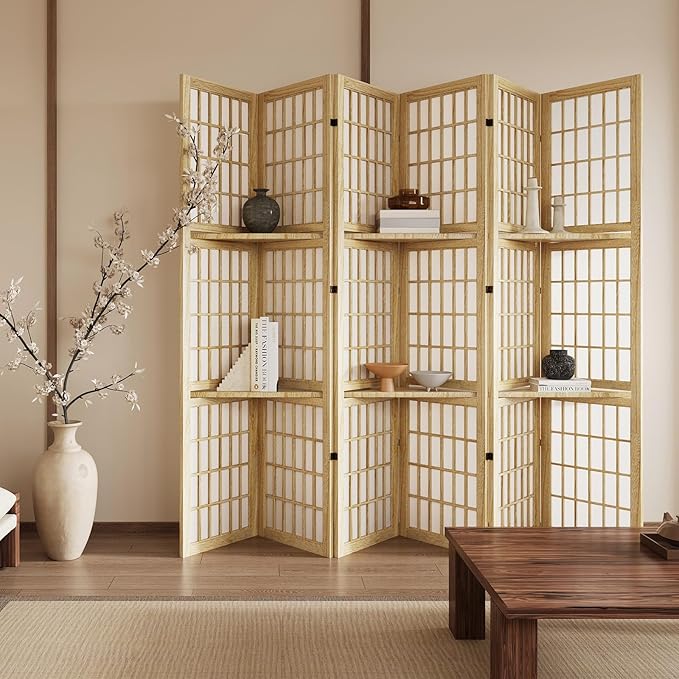 5.6FT Room Divider and Folding Portable Partition Screen, Chinese Japanese Shoji Style with Three Display Shelves for Room Separation - 6 Panel (Natural)
