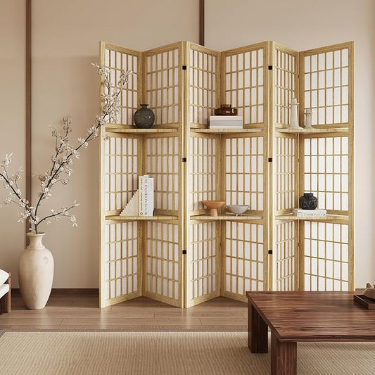 5.6FT Room Divider and Folding Portable Partition Screen, Chinese Japanese Shoji Style with Three Display Shelves for Room Separation - 6 Panel (Natural)