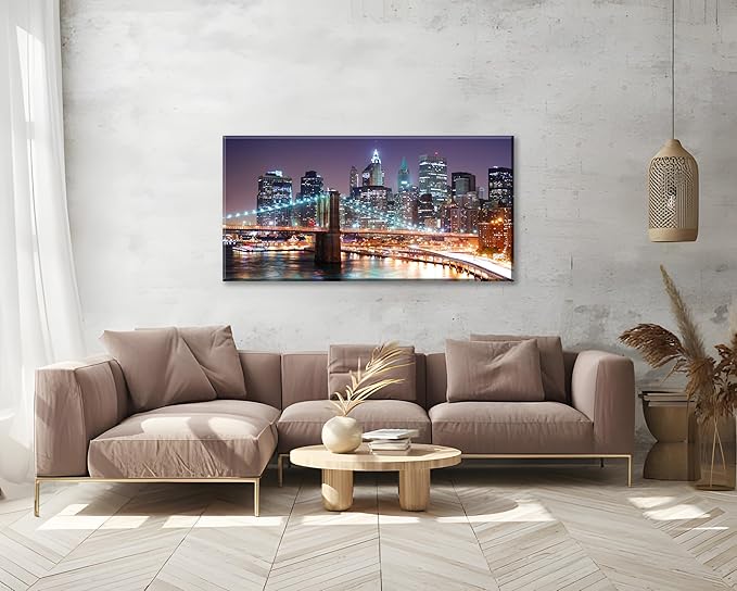 NAN Wind 1PCS New York City Skyline Canvas Wall Art Brooklyn Bridge at Sunset Golden Hour Manhattan Cityscape Pictures Canvas Artwork East River Reflection Modern Urban Home Decor Living Room Office