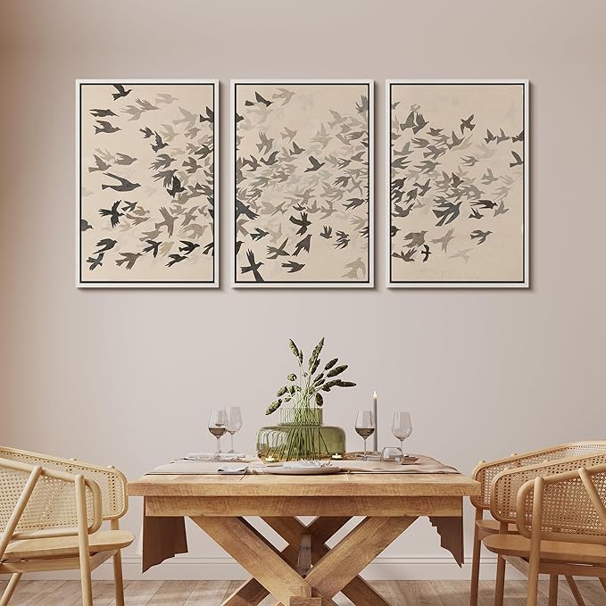 MUDECOR Framed Wall Art Print Set Minimalist Subtle Birds in Motion Illustrations Modern Art Boho Decorative Colorful Chic for Living Room, Bedroom, Office - 24"x36"x3 White