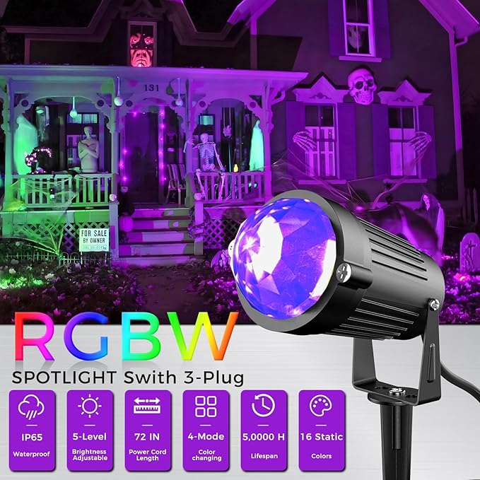 Christmas Halloween Outdoor Spot Lights Black Light Projector, 12W IP65 Waterproof LED Spotlight Outdoor Landscape Lighting with 16 Color Changing for Yard Garden Decorations(2Pack)