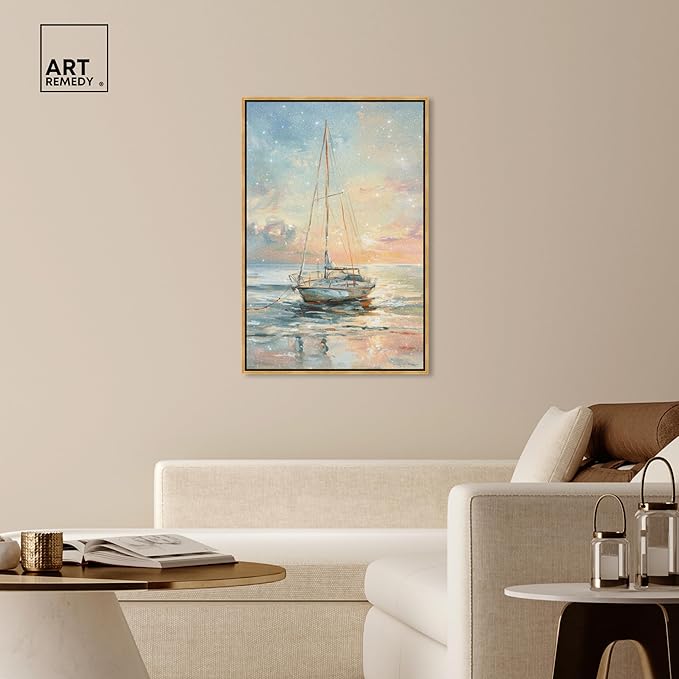 Art Remedy Boat On The Shore Framed Sailing 1 Piece Canvas Wall Art, 31.5" x 46.5", Gold Frame