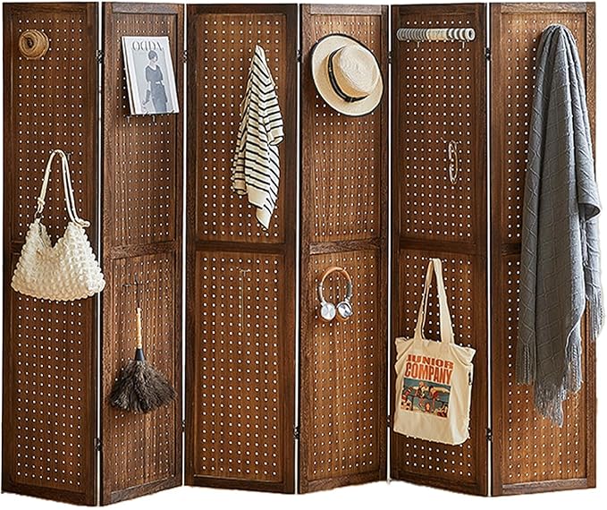 6 Panel Pegboard Display with 24 Hooks, Wood Room Divider Wall, 5.6Ft Folding Privacy Screen Divider Room, Portable Freestanding Wall Organizer for Bedroom Reading Room(Dark Brown)