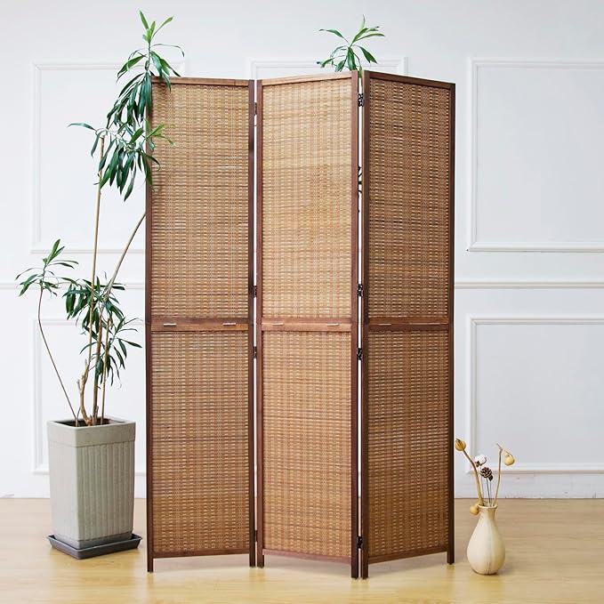 3 Panel Bamboo Room Divider and Folding Screen Divider,Two in One Detachable and Foldable Panel Divider for Room Separation,Brown,67" H x 46" W