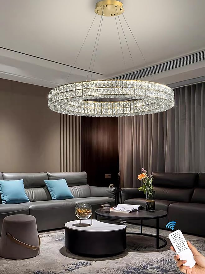 Led Ring Crystal Chandelier for Living Room, Modern Dimmable Chandeliers Lighting and Hanging Adjustable, LED Round Ceiling Chandelier for Dining Room (40inch,Gold)