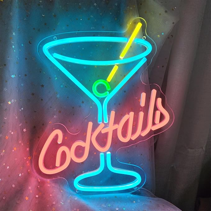 Cocktail Neon Sign, 11" x 13.7" Multicolor Acrylic Wall Mount, Tabletop, Hanging Chain LED Sign for Home Bar Decor