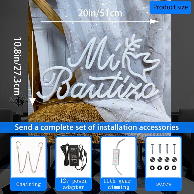 Mi Bautizo Neon Signs for Wall Decor, 20 * 10.8 inches Mi Bautizo Led Neon Light Sign perfect for Baby Birthday Decoration, Baby Shower Party, Room, Bedroom, Birthday Party, Christmas, INSNEnN