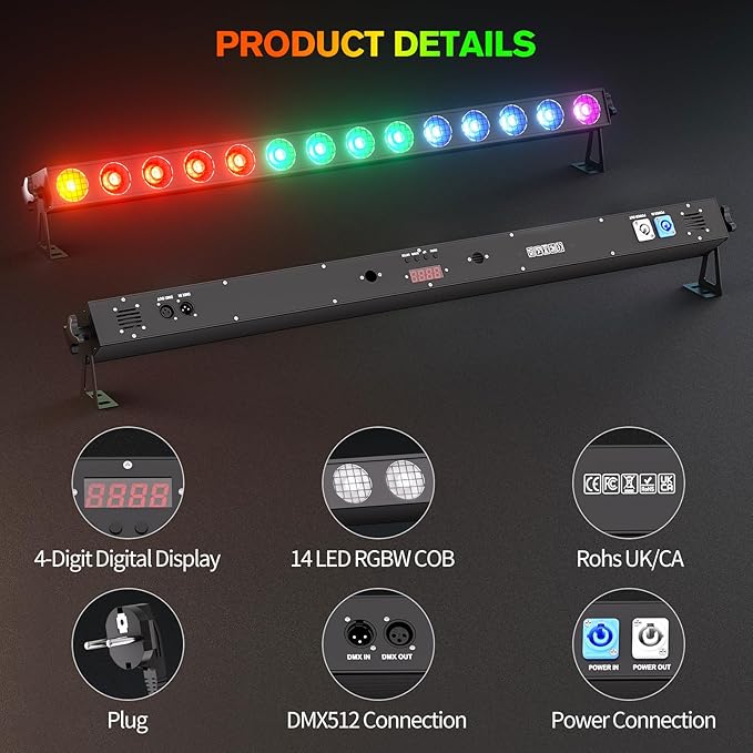 150W Stage Light Bar 14 LED RGBW COB Washer Stage Lights with DMX512 Pixel Control,Auto, Sound-Activated, Master/Slave for Church Christmas Wedding Dance(4PC)