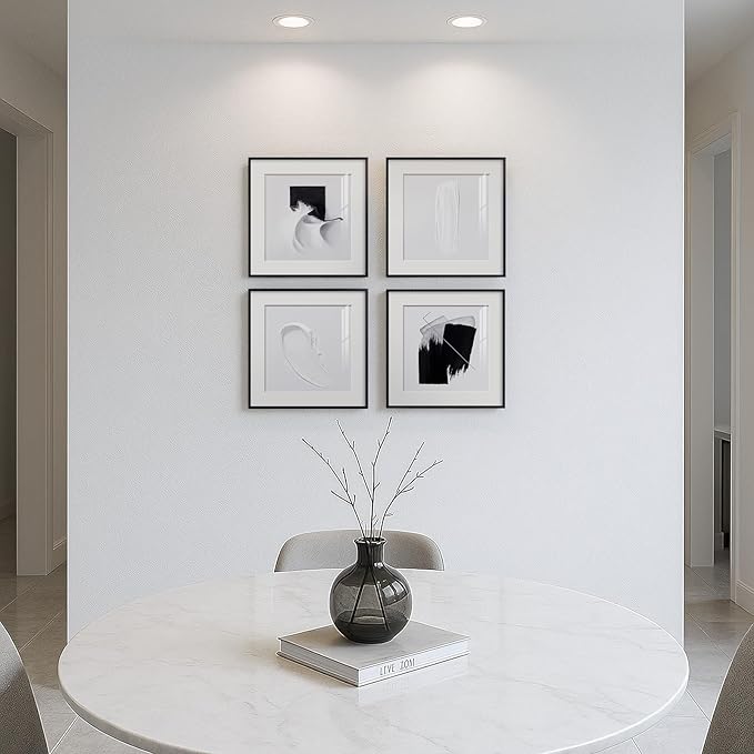 4 Panels Framed Abstract Black and White Wall Art Set, Modern Minimalist Line Print Home Decor, Canvas Pictures Paintings for Living Room Bedroom Bathroom Entryway and Dining Room 12x12 Inches