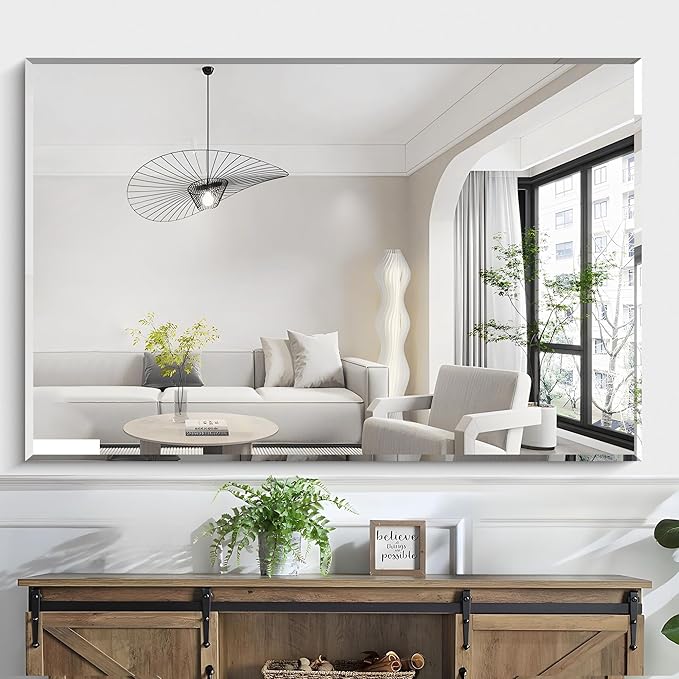 KOCUUY Beveled Mirror, 55x36 Inch Large Frameless Bathroom Mirror for Over Sink, Upgraded Shatterproof Beveled Unframed Design Mirror for Bathroom, Bedroom, Hang Horizontal/Vertical