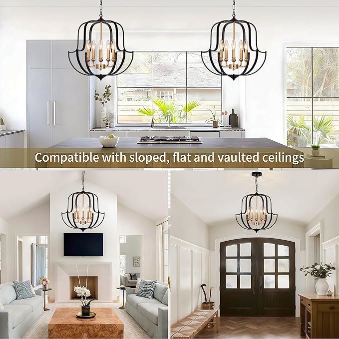 19" Black and Gold Chandelier for Dining Room, 5-Light Rustic Farmhouse Chandeliers Modern Industrial Hanging Pendant Light for Kitchen Entryway Hallway Foyer Living Room